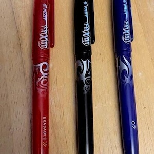 Frixion Pens by Pilot -For marking fabrics - erasable with heat from the iron - Set of 3 pens, red black blue - bag making, quilting, sewing