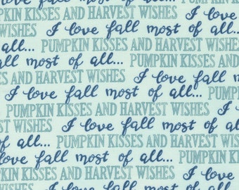 Moda Fabric - Harvest Wishes by Deb Strain for Moda - 56062 13 - 1/2 yard - 100% cotton - aqua with blue and teal words- I love fall