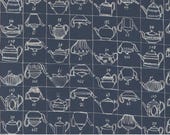 Moda Fabric - Larking -  by Janet Clare - 1/2 yard - 24631 17 - Larking Thames -  dark blue with white tea pots - cotton 44" Moda fabric