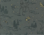 Moda Fabric - Old World Yuletide - Fancy That Design House - 45622 25M - 1/2 yard - blue with deer and trees and metallic accents - Cotton