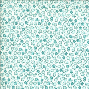May include: A white background with a repeating pattern of small teal blue flowers.