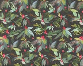 Moda Fabric - Love and Cheer by Amarilys Henderson 21836 16 - 1/2 yard  - Cotton Fabric - black background with berries and pine branches