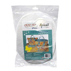 May include: Package of two white, round, 9 1/2 inch by 7 inch cork tote bottoms for crafting. The package has a label with the text "CRAF-TEX Plus Cork Tote Bottoms Small 2 PIECES 9 1/2" x 7"".