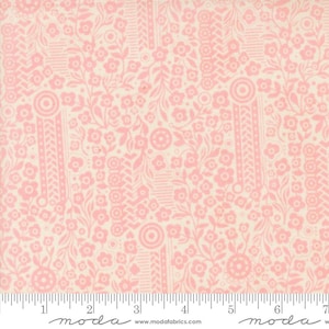 May include: Pink and white floral fabric with a repeating pattern of small flowers, leaves, and geometric shapes. The fabric is from Moda Fabrics and has the text "moda" printed on the bottom.