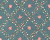 Moda Fabric - Rosemary Cottage by Camille Roskelley - 55311 15 - 1/2 yard- bluish gray with coral flowers w lattice- Cotton Quilt Fabric 44"