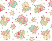Riley Blake Fabric - Gingerbread Kisses - by Doodlebug Designs - C16440 - color white - 1/2 yard - white with various gingerbread houses
