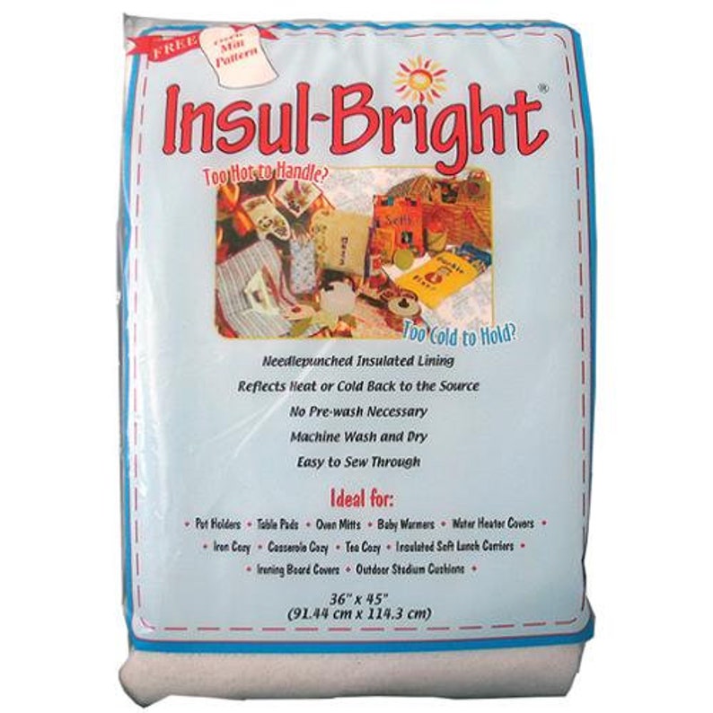 以下が含まれることがあります： Insul-Brightは、白の針で打ち抜かれた断熱裏地で、青と白の背景に表示されています。この製品は熱または冷気を源に戻し、洗濯機で洗えます。サイズは36インチ&times;45インチ（91.44 cm x 114.3 cm）です。