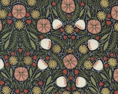 Moda Fabric - Meadowmere Floral 48361 34M - by Gingiber - Black background coral floral - Cotton - 1 yard cut - flowers - Metallic accent