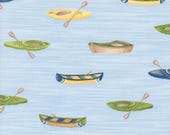 Moda Fabric - On Lake Time by Deb Strain - 1/2 yard - 56121 12 - light blue with multicolored canoes - 44" Cotton Fabric - Lake time