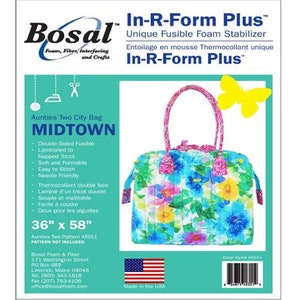 May include: A colorful floral print tote bag with a blue, pink, and yellow color scheme. The bag is made with a fusible foam stabilizer called In-R-Form Plus. The bag is 36 inches by 58 inches. The pattern for the bag is not included.