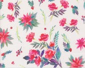 Moda Fabric - Love and Cheer by Amarilys Henderson 21832 11 - 1/2 yard  - Cotton Fabric - white background with pink flowers green leaves