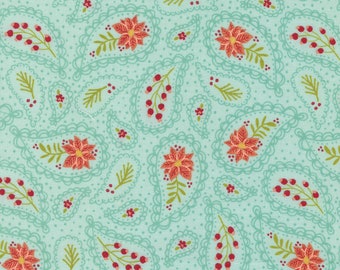 Moda Fabric - Joyful Joyful by Stacy Iest Hsu for  Moda - 100% cotton fabric - 1/2 yard - 20804 16 aqua with red, paisleys - 1/2 yard