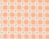 Moda Fabric - Flower Girl - by Heather Briggs - 1/2 yard - 31733 17 -  peach and white checked background with small flowers - Cotton fabric