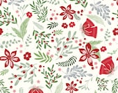 Riley Blake Fabric - Mistletoe and Holly - by Beverly McCullough-C16400 Cloud-Off white with red bells & flowers, stems, berries-1/2 yard