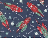 Moda Fabric - 3, 2, 1 Blast Off by Stacy Iest Hsu - cotton fabric - 1/2 yard - 20950 14 - navy blue with red and green rockets - Blast off