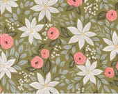 Moda Fabric - Berry and Pine - by Lella Boutique - 1/2 yard - 5240 12 -  olive green background with flowers and berries - Cotton fabric