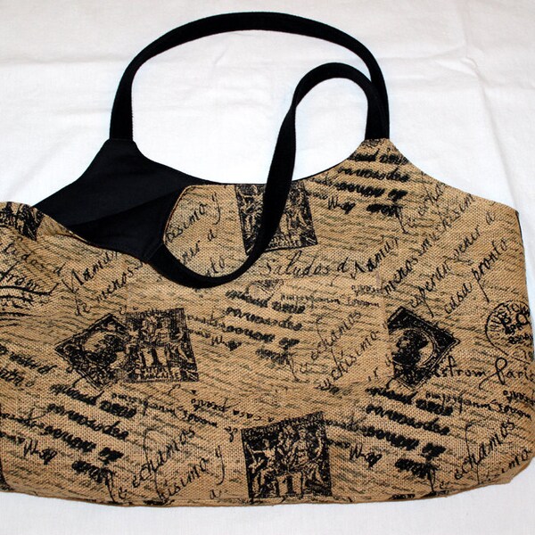 Letters from Paris Burlap Reversible Tote, Beach Bag, Market Bag with Black Canvas