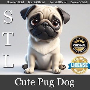 Lindo perro carlino, archivo STL: adorable modelo de cachorro imprimible en 3D, divertida figura de perro, descarga digital para amantes de los perros, juguete para mascotas fácil de imprimir.