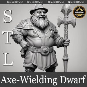 May include: A grey 3D printed miniature of a dwarf warrior holding a large axe. The dwarf is wearing a tunic, trousers, and a hat. The miniature is detailed and has a realistic appearance.