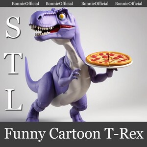 May include: A purple cartoon T-Rex holding a pizza on a white plate. The dinosaur has a wide open mouth and is standing on two legs. The image has the text "STL" and "Funny Cartoon T-Rex".