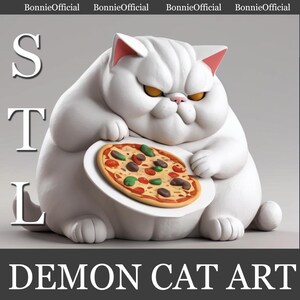May include: A white, cartoonish cat with a grumpy expression holds a plate with a pizza on it. The pizza has red sauce, cheese, green peppers, and mushrooms. The text "DEMON CAT ART" is at the bottom of the image.
