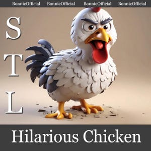 Könnte beinhalten: Ein Cartoon-Huhn mit einem wütenden Ausdruck, weißen Federn und einem roten Kamm. Das Huhn steht auf einer rissigen, braunen Oberfläche. Der Text "Hilarious Chicken" befindet sich unter dem Huhn.