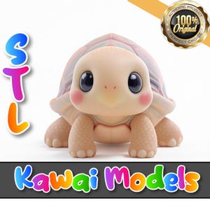 May include: A Kawaii Models figurine of a turtle with a light tan body, a patterned shell, and large, dark eyes. The turtle has rosy cheeks and is in a standing position. The image includes the text "STL" and "Kawaii Models".