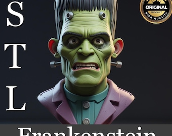 Frankenstein STL File – Stylized 3D Cartoon Bust for 3D Printing – Halloween Monster Model