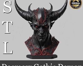 May include: A black and red gothic demon bust with horns. The demon has a fierce expression and is wearing a detailed, ornate design. The bust is on a black base.