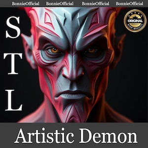 Puede incluir: Primer plano de una escultura de demonio roja y gris con una cara detallada. La escultura tiene dientes afilados y cuernos. El fondo es negro.