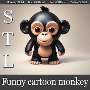 Puede incluir: Un mono de dibujos animados con pelaje negro y cara marrón. El mono tiene ojos grandes y una gran sonrisa. El mono está de pie sobre un fondo marrón claro. El texto "Funny cartoon monkey" está escrito debajo del mono.