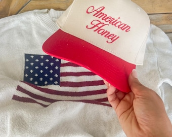 USA AMERICAN Honey Embroidered Hat - 4th of July Hat - America Hat - Freedom Cap - Fishing Hat - Trucker Hat