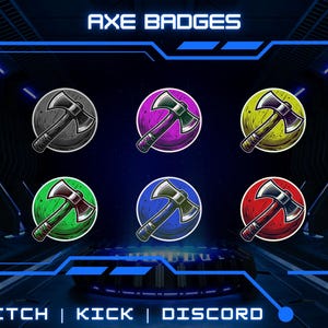 May include: Six colourful round badges with axe designs. Each badge has a different colour background: black, purple, yellow, green, blue, and red. The axe designs are all similar, with a black handle and a silver blade.