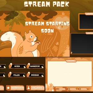 May include: A stream pack with a cartoon squirrel holding an acorn. The background is orange and brown with a cartoon owl. The text "STREAM STARTING SOON" is in the center of the image. There are several buttons with text such as "PE SPEED", "MERCH", "SUBSCRIBE", "SPORE", "FOLLOW", "COMMAND", "DONATED", "SUBSCRIBED", and "FOLLOWED".