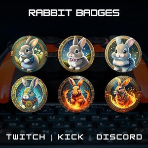 Set Of 6 Rabbit-Themed Twitch Sub Badges With A Cute Kawaii Style, Perfect For YouTube And Various Stream Assets, Cute Animal Badges.
