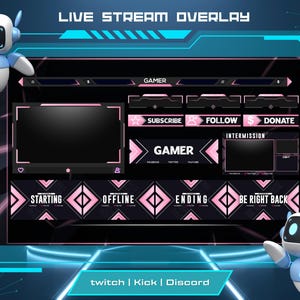 Könnte beinhalten: Eine rosa und schwarze Live-Stream-Overlay-Vorlage mit einem Gamer-Thema. Das Overlay enthält Abschnitte für eine Webcam, eine Spielanzeige, einen Chat und Social-Media-Links. Es enthält auch einen Start-, Offline-, End- und Wiederholungsbildschirm. Der Text "twitch | Kick | Discord" befindet sich am unteren Rand des Overlays.