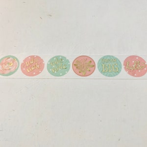 May include: Decorative washi tape featuring a series of pastel-colored circles with gold foil accents. The circles contain phrases like "Today," "Take Note," and "Dream Big." Floral and geometric designs are also included.