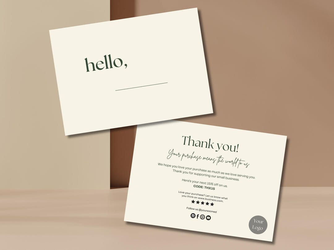 Printable Light Hello Thank You Card for Small Business Customisable 3 ...