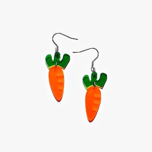 Brincos de cenoura de desenho animado/clipe de orelha, gancho de orelha, brincos de acrílico divertidos feitos à mão, uso diário, presentes para a mãe, presentes para ela, presente, presente surpresa