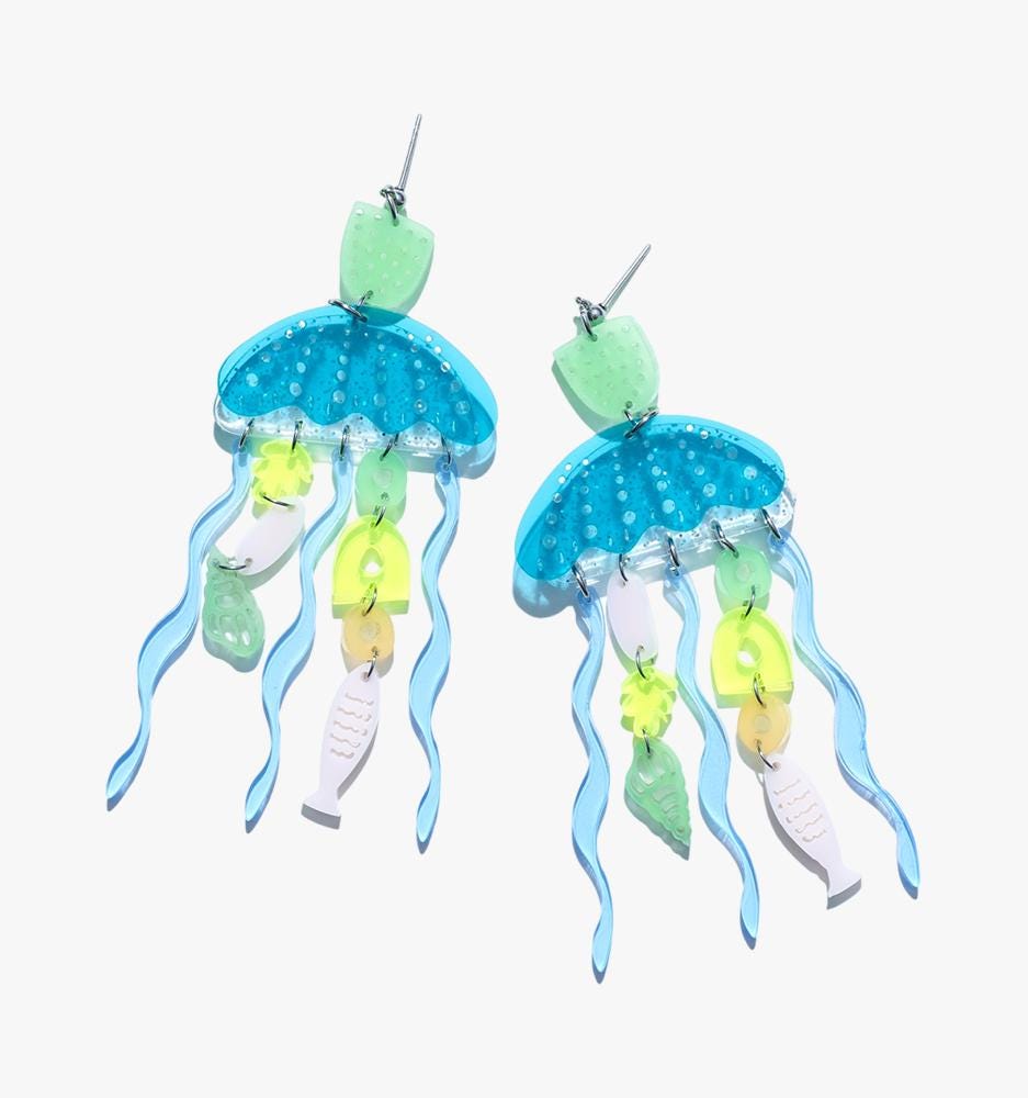 Blue Luminous Jellyfish Dangle/Ear Clip，Ear Studs，Handmade Fun Acrylic Earrings，Daily wear，Gifts for Mom，Gifts for Her，Surprise Gift，Gift