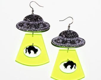 Novelty UFO Neon Earrings/Ear Clip，Ear Hook，Handmade Fun Acrylic Earrings，Gifts for Mom，Gifts for Her，Gift