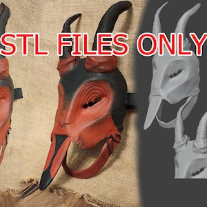 Puede incluir: Una máscara con cuernos rojos y negros con una larga nariz en forma de pico y el texto "STL FILES ONLY". La máscara se muestra junto a representaciones de modelos 3D de la máscara y los cuernos.