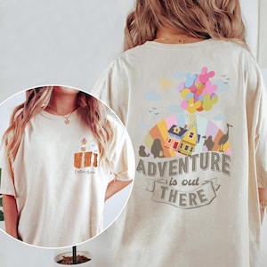 Two-sided Disney Pixar Up House Balloons Adventure Is Out There Shirt, Disney Couple Shirt, Disney Up Characters Carl Ellie Russell Dug Dog