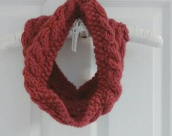 Chunky Hand Knit Cabled Cowl in Rusty Red