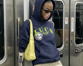 Luck On Loop Oversized Hoodie, Unisex Thick Fleece Streetwear Sweatshirt, Vintage Graphic Drop Shoulder Hooded Top