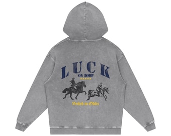 Luck On Loop Back Print Hoodie, Snow Washed Oversized Cotton Hoodie, Vintage Streetwear Graphic Hooded Sweatshirt