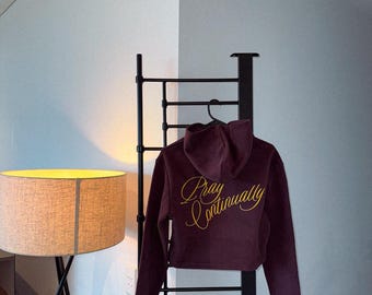 Pray Continually Cropped Zip Hoodie, Women’s Streetwear Hooded Jacket, Vintage Charcoal Cotton Blend Sweatshirt