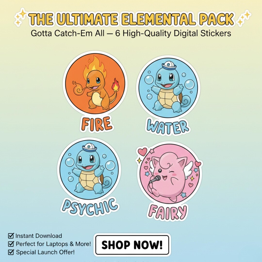 6 Cute Elemental Digital Stickers Pack Fire, Water, Psychic, Fairy ...