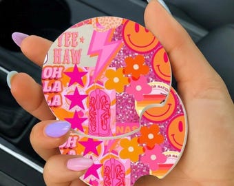 Yee Haw Retro Print Car Coaster, Sublimation car coasters, pack of 2, car accessories