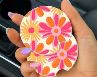 Pink Flower Car Coaster, Sublimation car coasters, pack of 2, Car Coasters